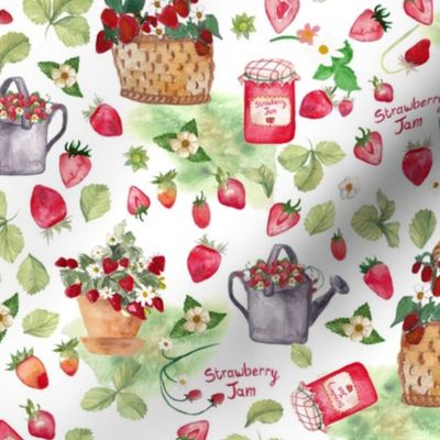 10" Hand painted watercolor strawberries fabric, strawberry jam fabric, gardening fabric