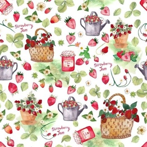 10" Hand painted watercolor strawberries fabric, strawberry jam fabric, gardening fabric