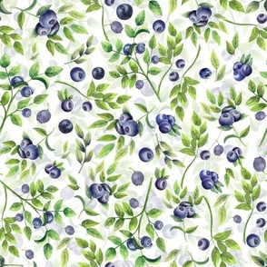 10" Watercolor Blueberry and Leaves Meadow- Vintage Blueberries on white Fabric Double layer