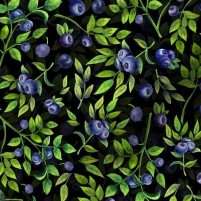 10" Watercolor Blueberry and Leaves Meadow- Vintage Blueberries on black Fabric