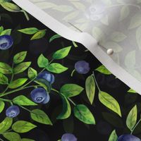 10" Watercolor Blueberry and Leaves Meadow- Vintage Blueberries on black Fabric