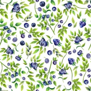 10"  Watercolor Blueberry and Leaves Meadow- Vintage Blueberries on white Fabric 