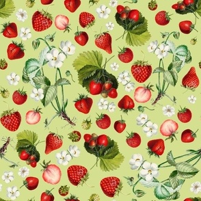 10" Antique Watercolor Strawberry Flower Meadow- Vintage Strawberries on green Fabric 