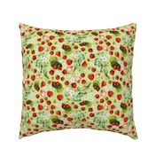 10" Antique Watercolor Strawberry Flower Meadow- Vintage Strawberries on spring green Fabric Double layer