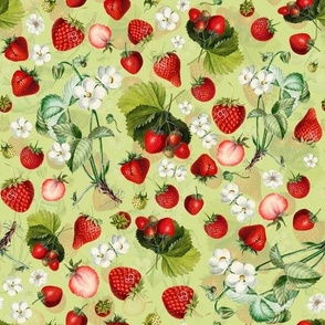 10" Antique Watercolor Strawberry Flower Meadow- Vintage Strawberries on spring green Fabric Double layer