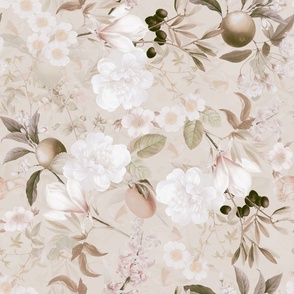Vintage Spring Romanticism: Maximalism Moody Florals-Antiqued White Peonies Roses Tropical Fruits And Springflowers Bouquets  Nostalgic- Gothic- Antique Exotic Magnolia Botany Wallpaper and Victorian Goth Mystic inspired - beige double layer