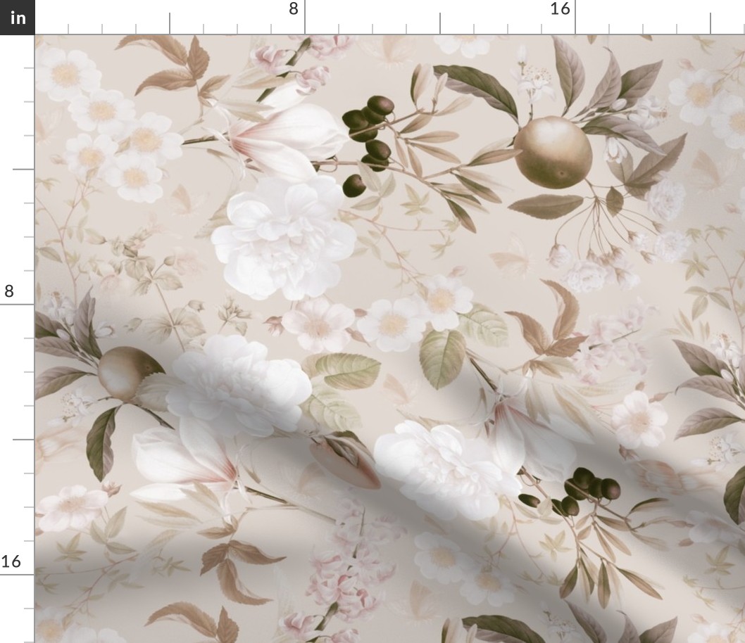 Vintage Spring Romanticism: Maximalism Moody Florals-Antiqued White Peonies Roses Tropical Fruits And Springflowers Bouquets  Nostalgic- Gothic- Antique Exotic Magnolia Botany Wallpaper and Victorian Goth Mystic inspired  - beige