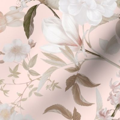 Vintage Spring Romanticism: Maximalism Moody Florals-Antiqued White Peonies Roses Tropical Fruits And Springflowers Bouquets  Nostalgic- Gothic- Antique Exotic Magnolia Botany Wallpaper and Victorian Goth Mystic inspired - blush