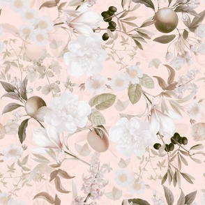 Vintage Spring Romanticism: Maximalism Moody Florals-Antiqued White Peonies Roses Tropical Fruits And Springflowers Bouquets  Nostalgic- Gothic- Antique Exotic Magnolia Botany Wallpaper and Victorian Goth Mystic inspired  - blush double layer