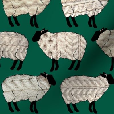 Wee Wooly Sheep in Aran Sweaters (emerald green background)