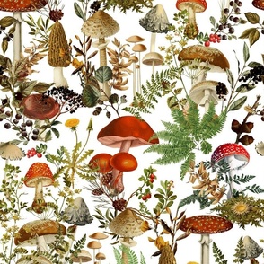 toxic mushrooms in the forest on white- Antique Psychadelic  Mushroom Wallpaper fabric,mushrooms fabric white