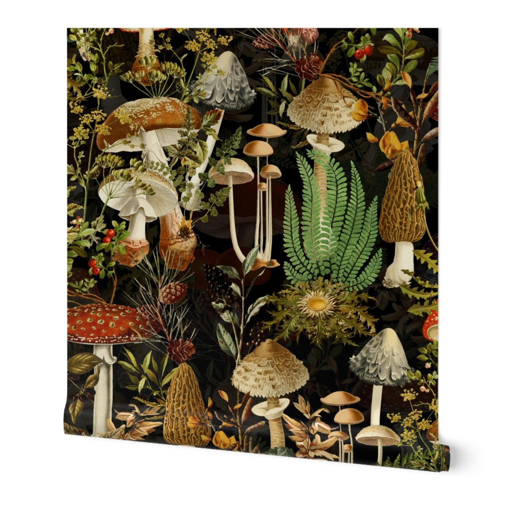 nostalgic toxic antiqued mushrooms in the forest on dark moody florals black-vintage Autumn home decor, antique wallpaper, Antique mushroom fabric,mushrooms fabric black - Psychadelic  Mushroom Wallpaper