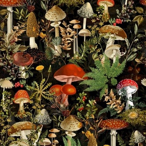 toxic mushrooms in the forest on black-vintage home decor, antique wallpaper, Antique mushroom fabric,mushrooms fabric black
