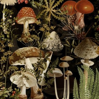 toxic mushrooms in the dark academia  forest on black- Antique Psychadelic  Mushroom Wallpaper fabric,mushrooms fabric