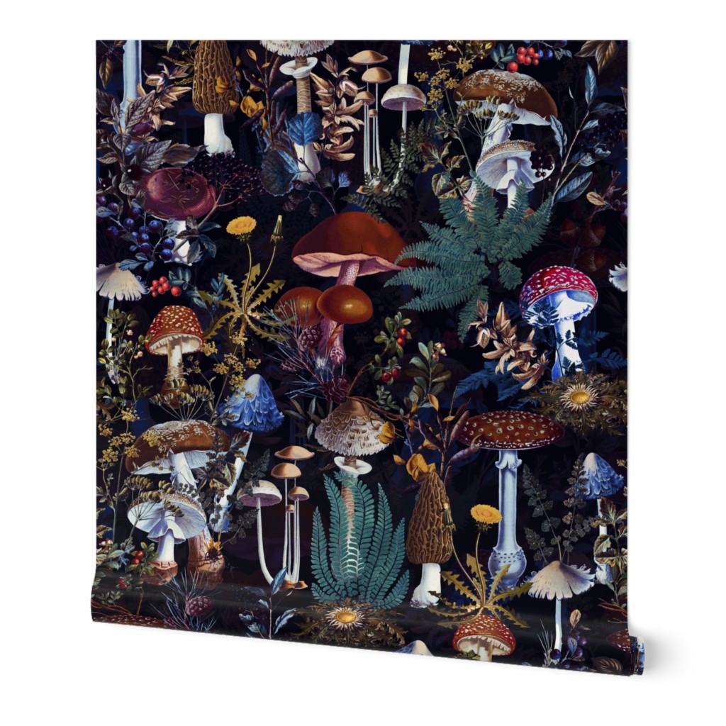 toxic mushroom in the dark academia  forest on black- Antique Psychadelic  Mushroom Wallpaper,mushrooms fabric - moonlight