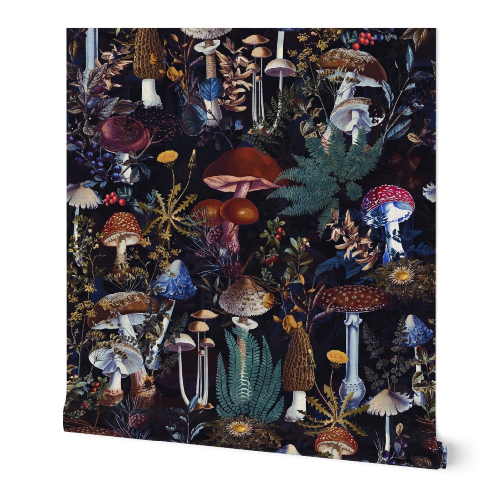 toxic mushroom in the dark academia  forest on black- Antique Psychadelic  Mushroom Wallpaper,mushrooms fabric - moonlight