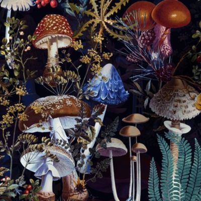 toxic mushroom in the dark academia  forest on black- Antique Psychadelic  Mushroom Wallpaper,mushrooms fabric - moonlight