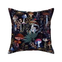 toxic mushroom in the dark academia  forest on black- Antique Psychadelic  Mushroom Wallpaper,mushrooms fabric - moonlight