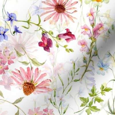 14" Watercolor  Pink And Yellow Midsummer Flowers Meadow double layer 