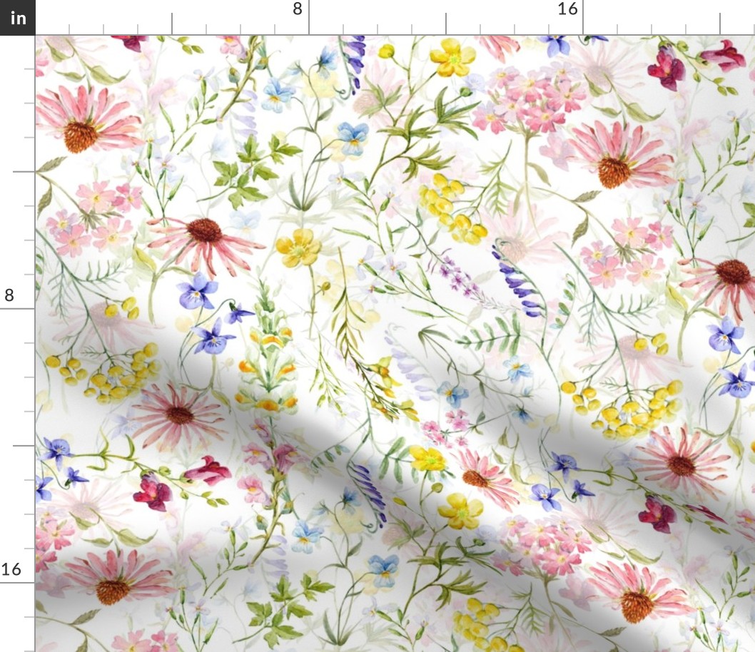 14" Watercolor  Pink And Yellow Midsummer Flowers Meadow double layer 