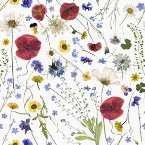 Midsummer Dried And Pressed Colorful Wildflowers Meadow ,  Dried Flowers Fabric, Pressed Flowers Fabric, Spring Flowers Fabric