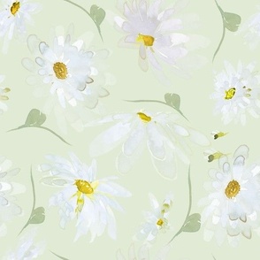10" Hand painted abstract white spring flowers daisies, daisy fabric, watercolor daisies fabric - light green WeddingTableLinens202306