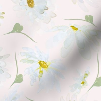 10" Hand painted abstract white spring flowers daisies, daisy fabric, watercolor daisies fabric- off white
