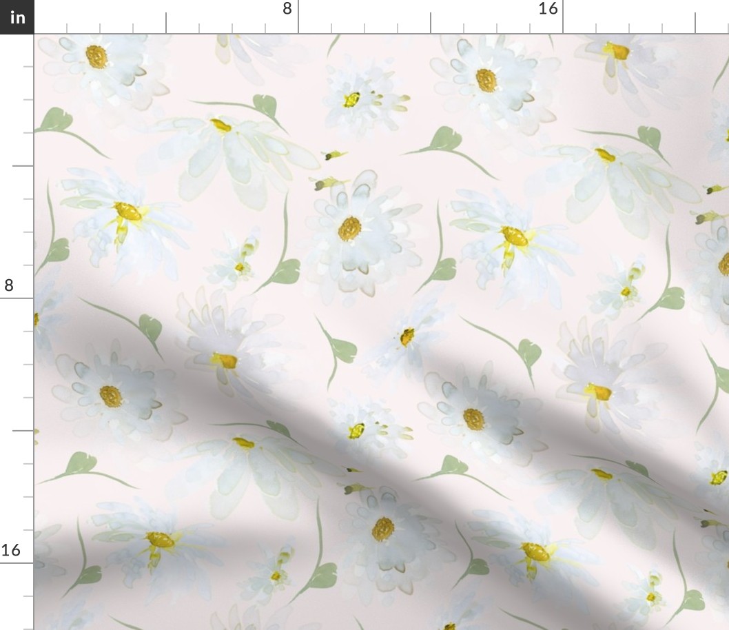 10" Hand painted abstract white spring flowers daisies, daisy fabric, watercolor daisies fabric- off white