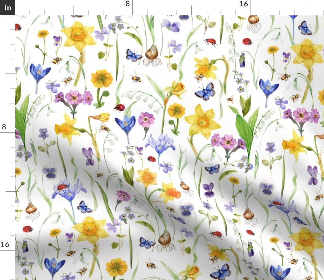14" Hand Painted Colorful Watercolor  Spring flowers Fabric, Vintage Spring flower Fabric