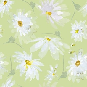 10" Hand painted abstract white spring flowers daisies, daisy fabric, watercolor daisies fabric green