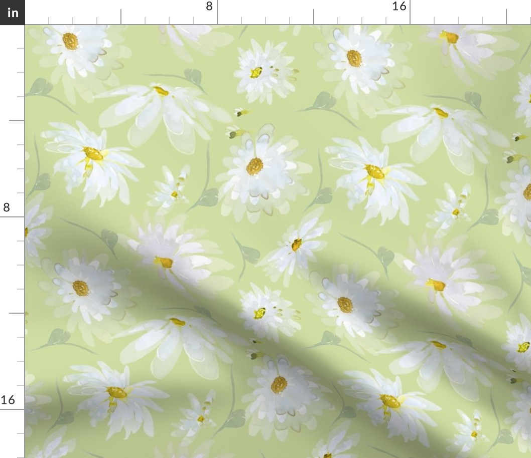 10" Hand painted abstract white spring flowers daisies, daisy fabric, watercolor daisies fabric green