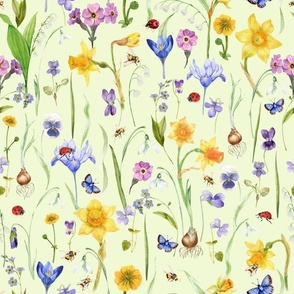 14" Hand Painted Colorful Watercolor  Spring flowers Fabric, Vintage Spring flower Fabric - green