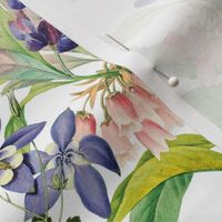 14" nostalgic Hand Painted Antique Watercolor Spring flowers Fabric, Vintage Spring flower Fabric