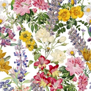 14" nostalgic Hand Painted Antique Watercolor Spring flowers Fabric, Vintage Spring flower Fabric