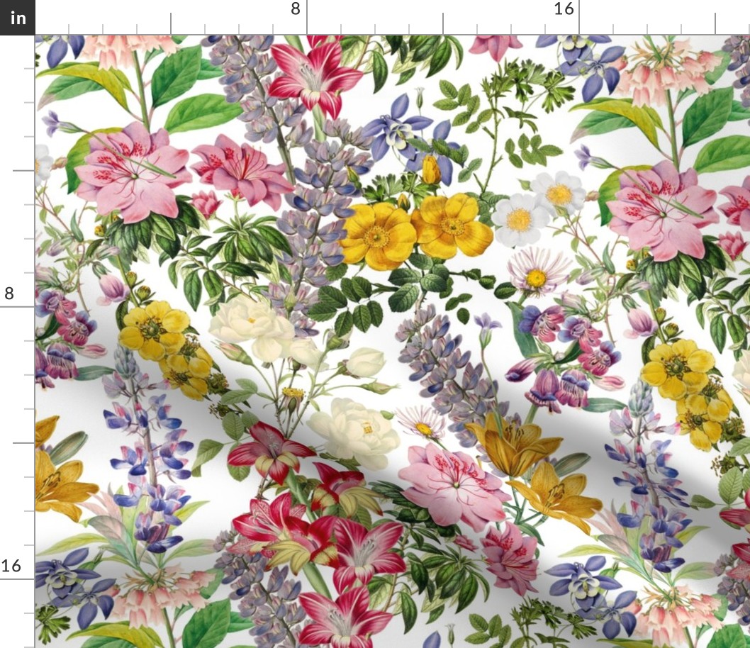 14" nostalgic Hand Painted Antique Watercolor Spring flowers Fabric, Vintage Spring flower Fabric