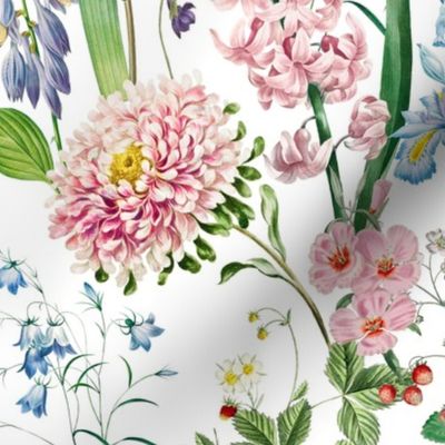 14" nostalgic Hand Painted Antique  Pastel Watercolor Spring flowers wildflowers  Fabric, Vintage Spring flower Fabric