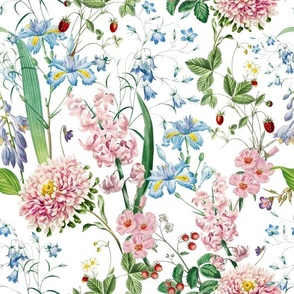 14" nostalgic Hand Painted Antique  Pastel Watercolor Spring flowers wildflowers  Fabric, Vintage Spring flower Fabric