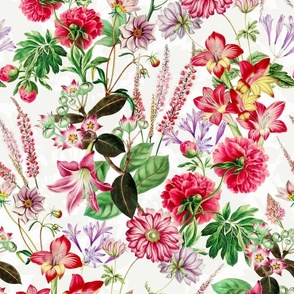 14" nostalgic Hand Painted Pink And Red  Antique Watercolor Spring flowers Fabric, Spring flower Fabric,  double layer 