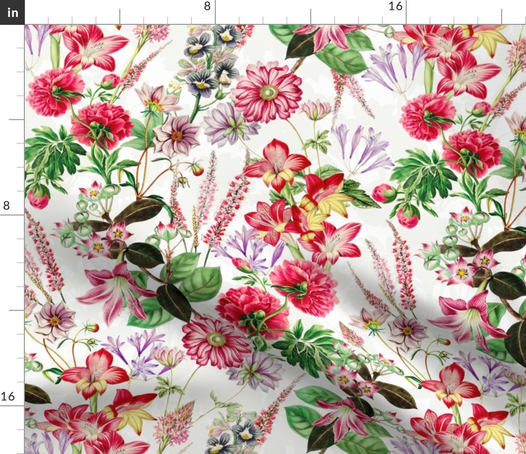 14" nostalgic Hand Painted Pink And Red  Antique Watercolor Spring flowers Fabric, Spring flower Fabric,  double layer 
