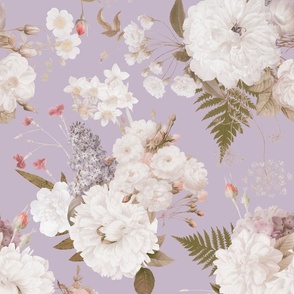 Vintage Spring Romanticism: Maximalism Moody Florals-Antiqued White Peonies Roses Lilacs And Springflowers Bouquets  Nostalgic- Gothic- Antique Botany Wallpaper and Victorian Goth Mystic - very peri