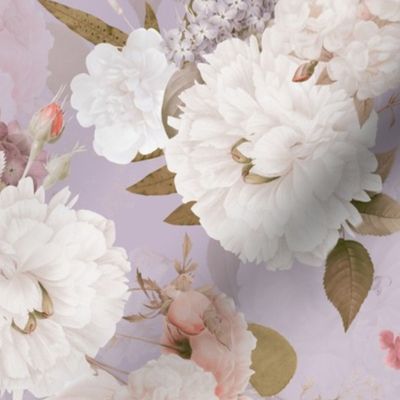 Vintage Spring Romanticism: Maximalism Moody Florals-Antiqued White Peonies Roses Lilacs And Springflowers Bouquets  Nostalgic- Gothic- Antique Botany Wallpaper and Victorian Goth Mystic - very peri double  layer