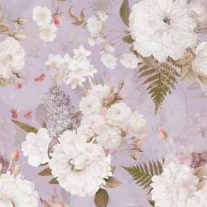 Vintage Spring Romanticism: Maximalism Moody Florals-Antiqued White Peonies Roses Lilacs And Springflowers Bouquets  Nostalgic- Gothic- Antique Botany Wallpaper and Victorian Goth Mystic - very peri double  layer