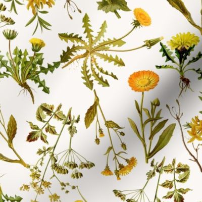 10" yellow vintage botanical wildflowers on  off white