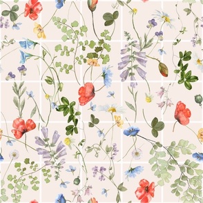 14" Grid And Summer Wildflowers Meadow - Midsummer Flowers Watercolor fabric blush and white grid