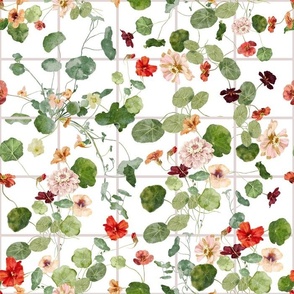  14" Grid And Summer  nasturtium flowers Meadow - Midsummer Flowers nasturtiums  Watercolor fabric blush and white 