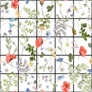 14" Grid And Summer Wildflowers Meadow - Midsummer Flowers Watercolor fabric black and white 