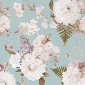 Vintage Spring Romanticism: Maximalism Moody Florals-Antiqued White Peonies Roses Lilacs And Springflowers Bouquets  Nostalgic- Gothic- Antique Botany Wallpaper and Victorian Goth Mystic - nostalgic turquoise double  layer