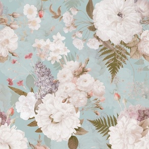 Vintage Spring Romanticism: Maximalism Moody Florals-Antiqued White Peonies Roses Lilacs And Springflowers Bouquets  Nostalgic- Gothic- Antique Botany Wallpaper and Victorian Goth Mystic - turquoise double  layer