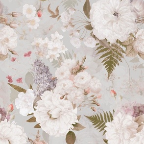 Vintage Spring Romanticism: Maximalism Moody Florals-Antiqued White Peonies Roses Lilacs And Springflowers Bouquets  Nostalgic- Gothic- Antique Botany Wallpaper and Victorian Goth Mystic - gray double  layer