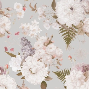 Vintage Spring Romanticism: Maximalism Moody Florals-Antiqued White Peonies Roses Lilacs And Springflowers Bouquets  Nostalgic- Gothic- Antique Botany Wallpaper and Victorian Goth Mystic - gray 